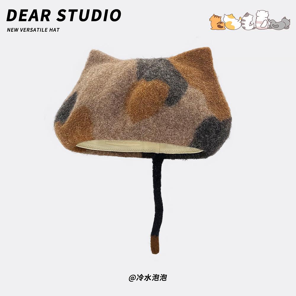 

Милые и симпатичные шерстяные береты с кошачьими ушками для женщин, осенние и зимние, теплые, универсальные, повседневные, ретро-художественные шляпы для художников M（56-58cm）