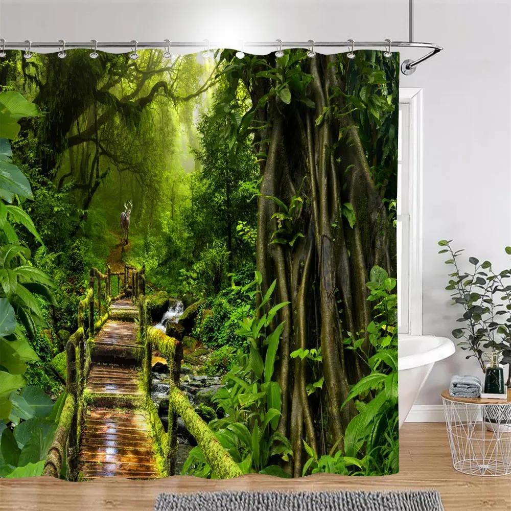 Sonnenschein Grün Wald Braun Fenster Duschvorhänge Bäume Pflanzen Natur Landschaft Polyester Badezimmer Vorhang Set Dekor Mit Haken