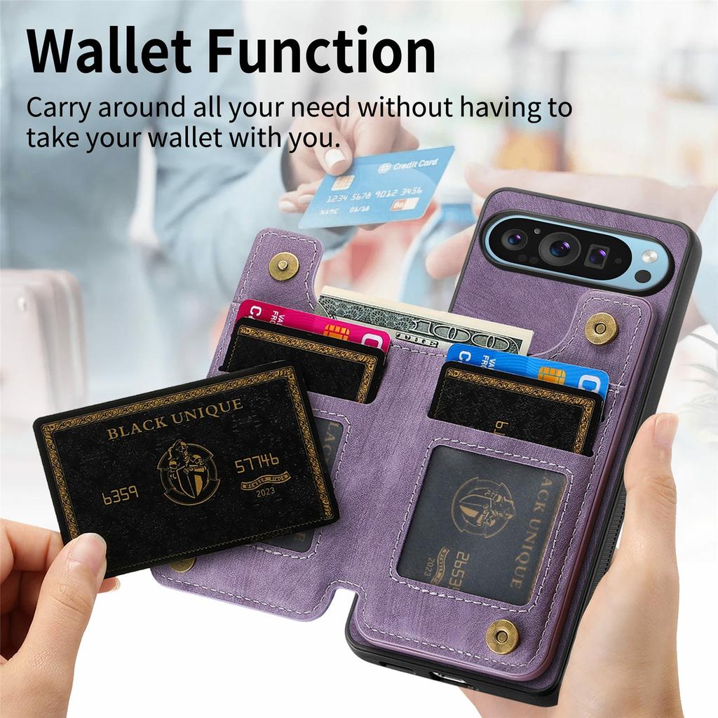 For Google Pixel 9 Pro XL Case with Card Holder Retro Leather+TPU Zipper Phone Cover