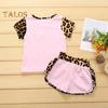 2Pcs Leopard Print Outfit for Baby Girl Summer Short Sleeve Pocket Round Neck Top Shorts Cute Sisters Matching Suit for Daily Wear Photography Parties