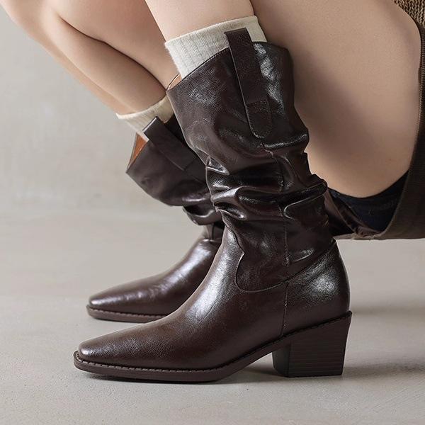 Maillard style leather short boots women's autumn and winter boots stacking boots medium boots knight boots thick heel western cowboy boots