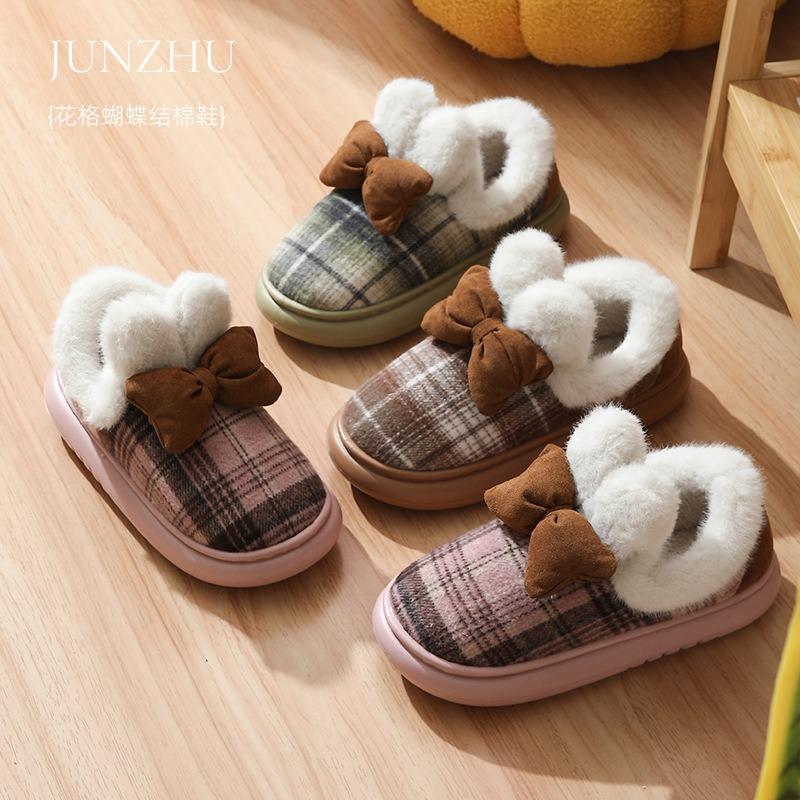 New cute rabbit plaid bow cotton shoes home indoor girl heart plaid cotton slippers