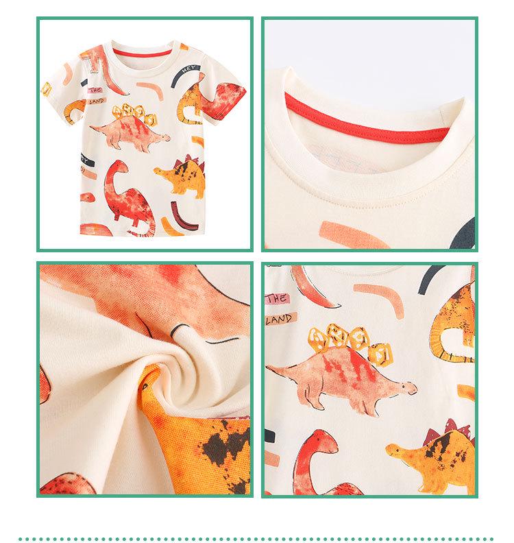 Kids' Summer Dino Print T-Shirt: Cartoon Design, Short Sleeve, Knit Cotton, Round Neck