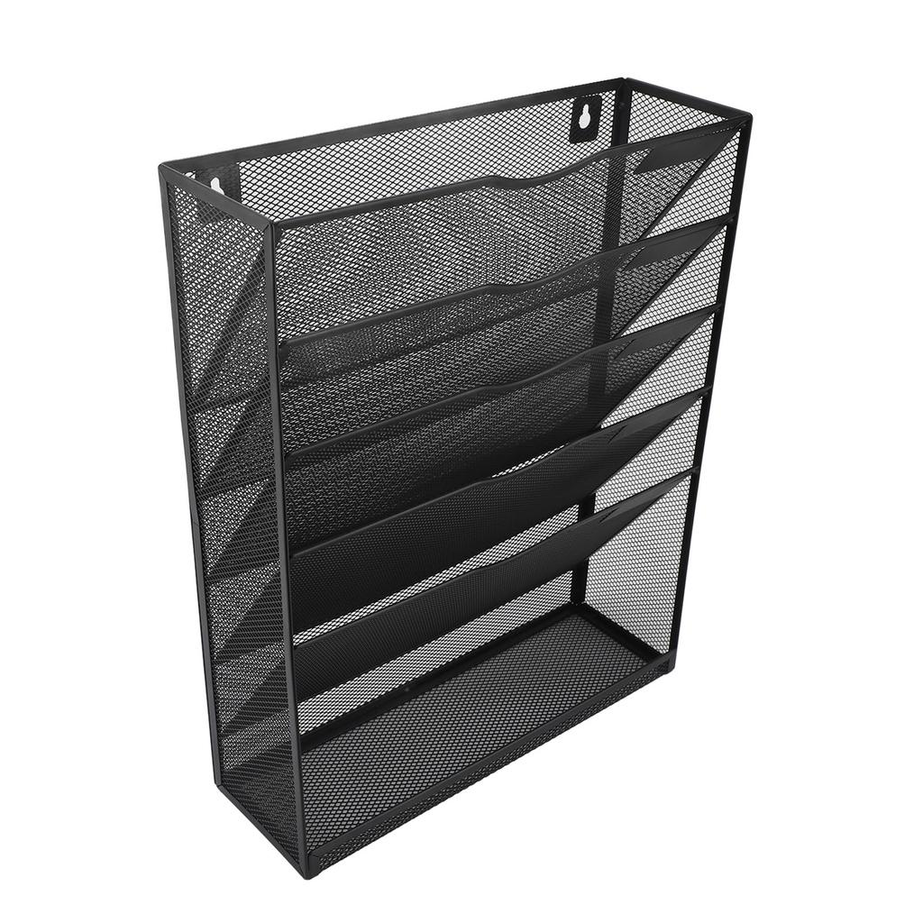 Wall Mount File Organizer with Bottom Tray 5 Tier Vertical Hanging Storage Holder for Office and Home Black