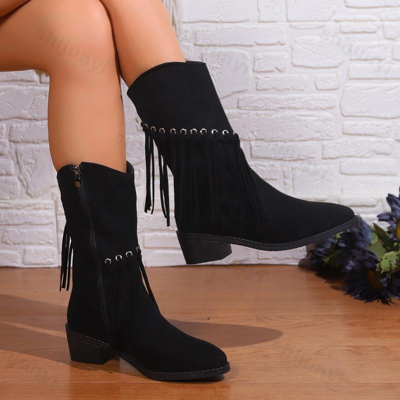 Women Boots Vintage Tassel High Heels Cowgirl 2026 Autumn Fashion Pointed Toe Denim Ankle Boots Woman Pleated Western Booties
