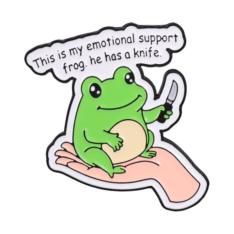 My Emotional Support Frog Badge Cute Green Froggy With Knife Enamel Pins Funny Meme Cartoon Animal Brooch Accessories Decor