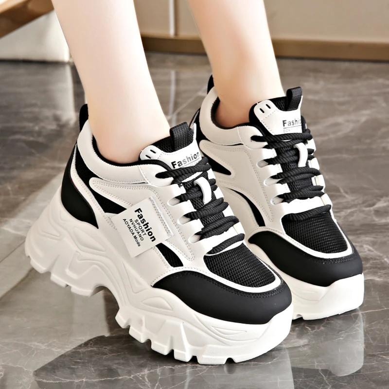 Fashion Women's White Platform Sneakers 2025 Spring Lace Up Thick Bottom Vulcanized Shoes Woman Breathable Non Slip Sports Shoes Ladies