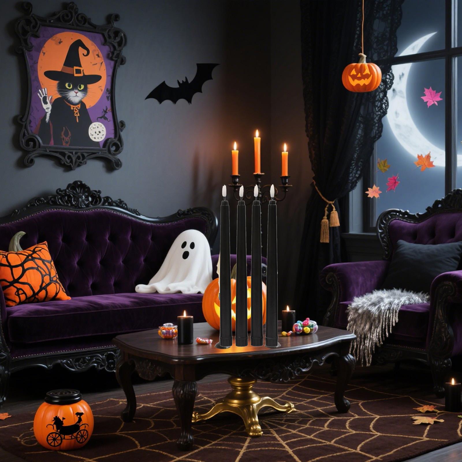 

Хэллоуин Набор из 4 черных 11-дюймовых светодиодных конусных свечей с восковым покрытием, Беспламенные свечи на батарейках для декора, Теплый светодиод One Size