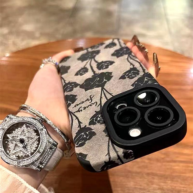 Luxury Retro Rose Matte Soft Leather Phone Case For iPhone 15 14 Plus 13 12 11 Pro Max Lens Protection Shockproof Silicone Cover