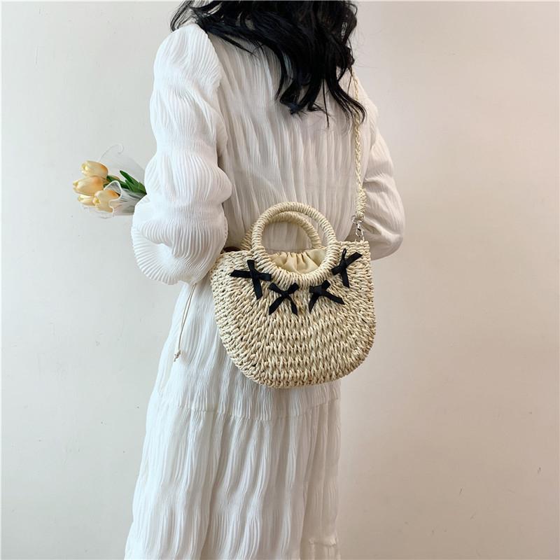 Straw Woven Bag Small Fragrant Style Sling Shoulder Crossbody Bag Hand-held Women's Bag Bow Design Beach Bag KTY