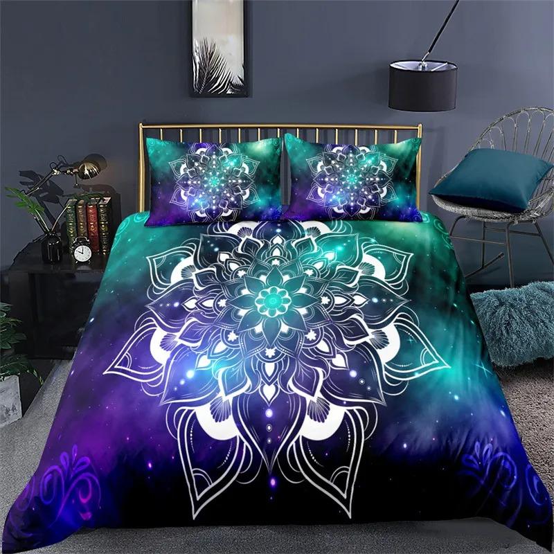 Bohemian Mandala Duvet Cover Set, Colorful Galaxy Comforter Cover Boho Chic Hippie Floral Exotic Bedding Set With 2 Pillow Case
