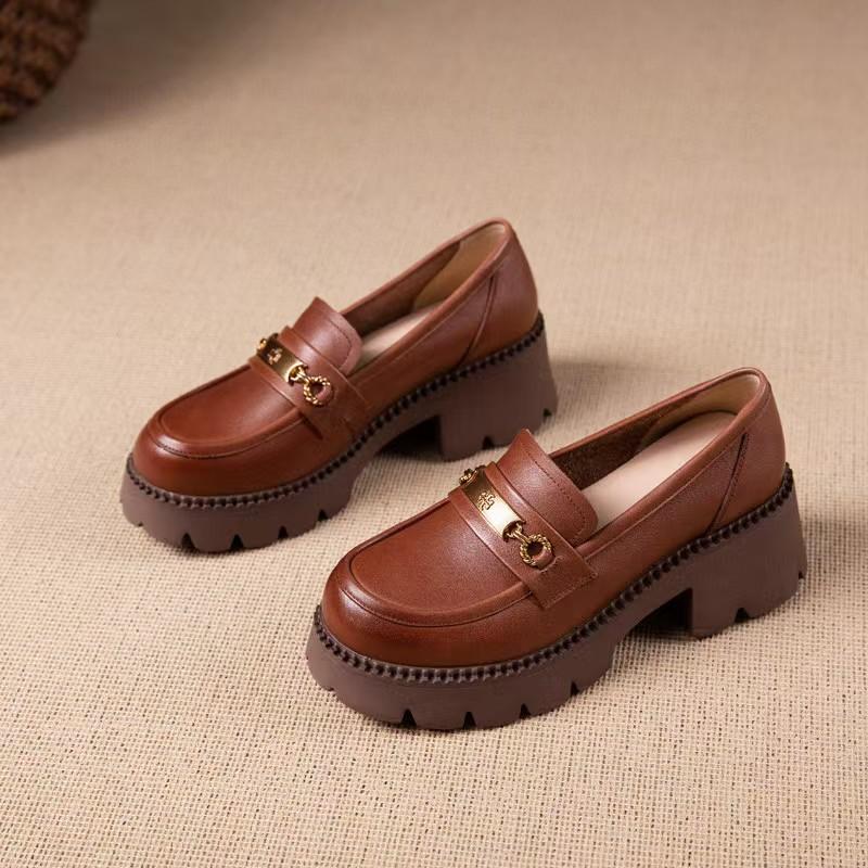 

New first-layer cowhide thick heel small leather shoes retro lace-up casual shoes four-season single shoes 40