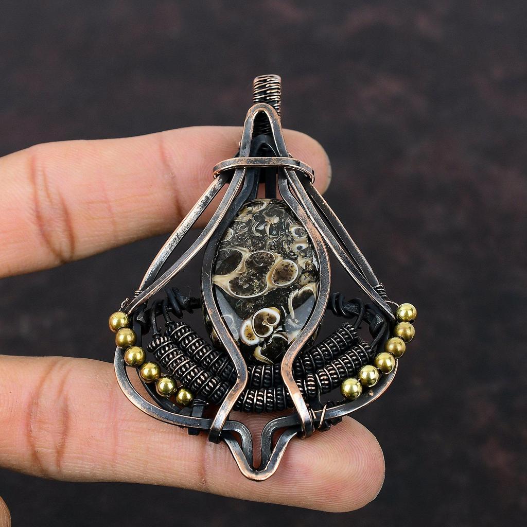 Turritella Agate Pendant Copper Wire Wrapped Pendant Genuine Gemstone Jewelry Handmade Pendant Copper Wire Jewelry Designer Pendant For Gift