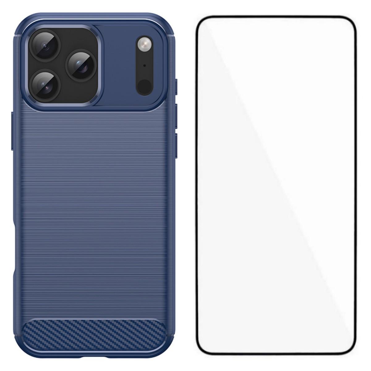 

Чехол для iPhone 17 Pro Max с закаленным стеклом WANLONFENG Серия LS Текстурированный матовый чехол из ТПУ для телефона Blue