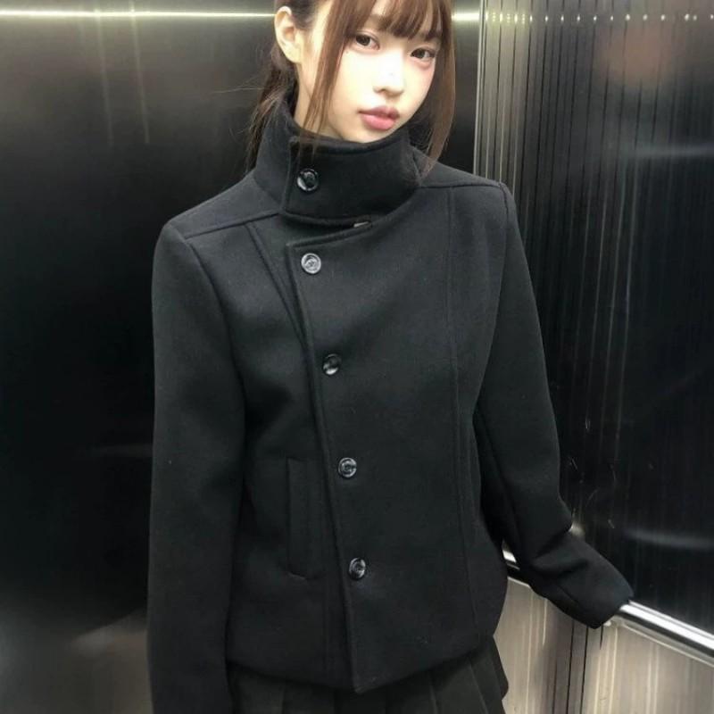 Womens Black Cotton Padded Short Wool Jacket Slim Fit Stand Collardiagonal Buttondiagonal PlacketWomens