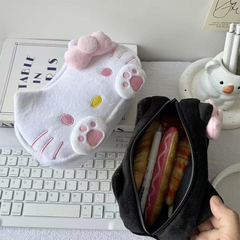 Hello Kitty Plush Pencil Case Large Capacity Cat Paw Pen Bag Stationery Organizer Makeup Bag Sundry Storage Bag