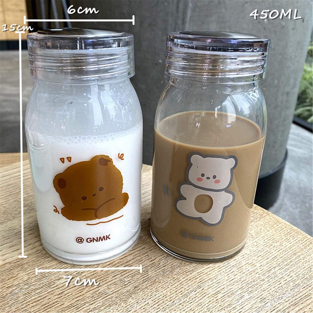 Garrafa de água de vidro com tampa, garrafa de água fofa de urso com impressão transparente, portátil, estética, viagem, garrafa de água 500ml, casal