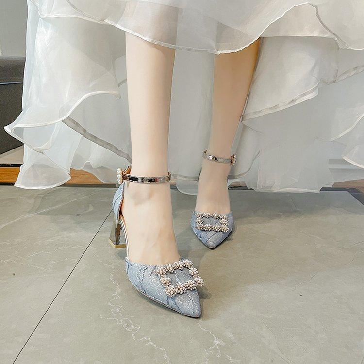 

Fairy style beautiful temperament high-heeled sandals French crystal one-word buckle belt fashion high-heeled sandals summer versatile shoes 35