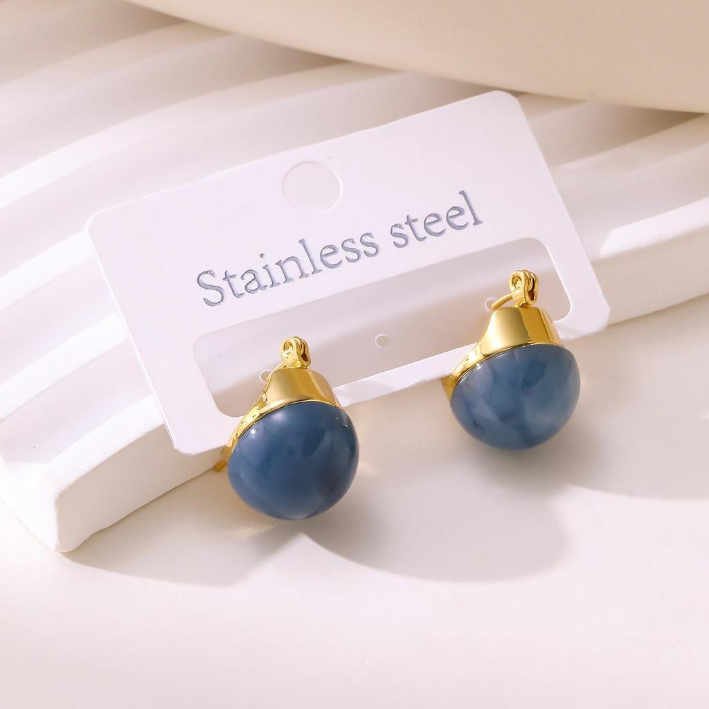 Elegant Multi-color Stainless Steel Hoop Earrings - Women's Autumn/Winter French Retro Style with Round Ball and Water Drop Design.