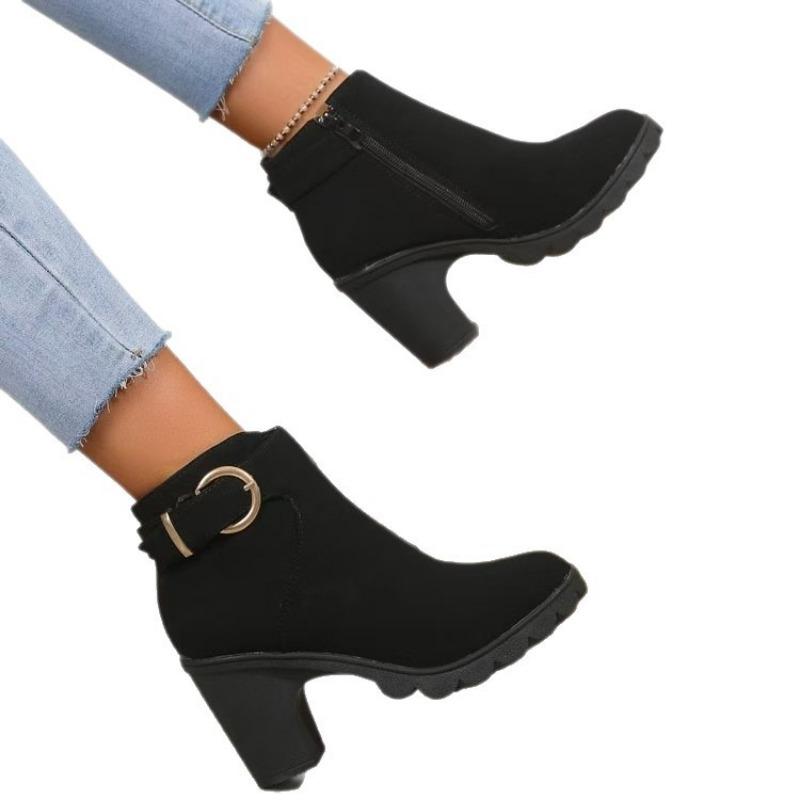Large Size Leather Boots High Heel Short Boots Children's Heel Round Head Side Zipper Martin Boots