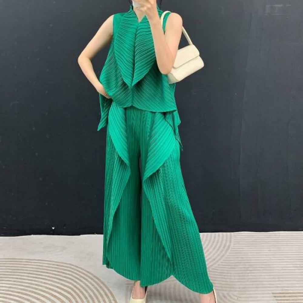Plara Pleats Wide Folding Blouse + Pants Set