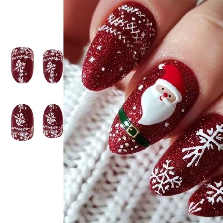 Christmas Themed Glittering Press On Nail 24PCS 3D Santa Snowflake Design Short Oval False Nail For Festive Styling