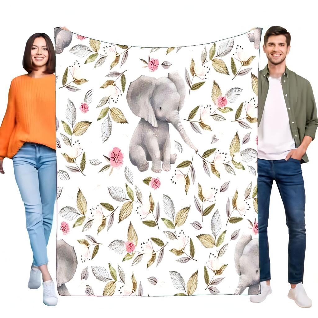 Soft Cozy Lightweight Throw Blanket with Cute Watercolor Baby Elephant & Floral Pattern for Bed Sofa Nursery Kids Adults Gift