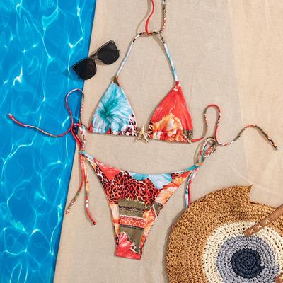 Damen Neuer Druck Schnürung Sexy Bikini Zweiteiliger Badeanzug