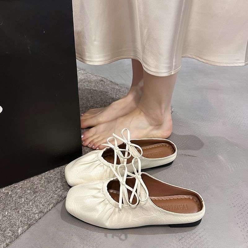 French bow silver bag head slippers women's 2025 spring and summer models with skirts flat soft bottom folds Mary Jane half drag