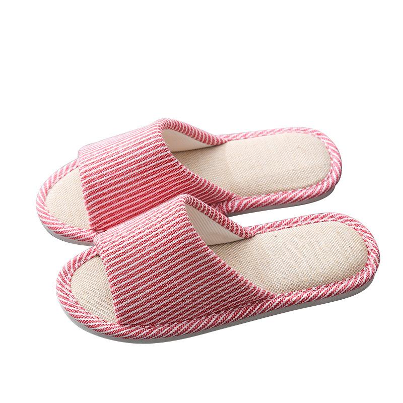 Slippers household women spring and autumn four seasons striped thick bottom non-slip men couple wooden floor linen cotton slippers summer