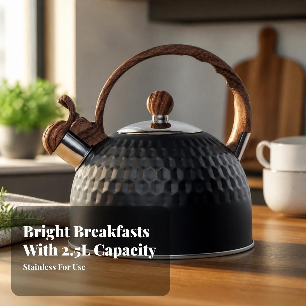 Tea Kettle with Wooden-Look Handle Hammered Cookware Rust-Resistant for Kitchen