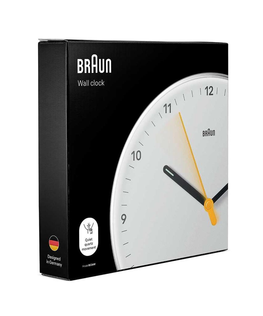 BRAUN Analog Wall Clock, White, 23cm Diameter, BC26W