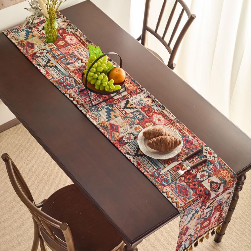 Table Flag Red Jacquard Tea Flag Fringed Ethnic Style Geometric Tv Cabinet Coffee Table Long Cover Decoration