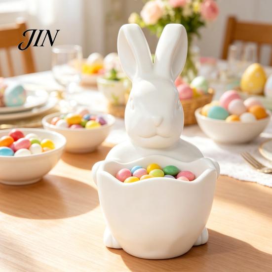 3D Printed Rabbit Bowl Easter Bunny Candy Bowl, Cute Holding Figurine, DIY Paintable White Desk Blank Decor for Living Room Office, Versatile Trinket