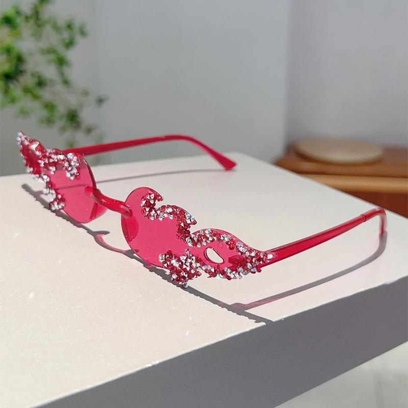 Fashion Rimless Fire Design Shades Women Candy Color Decor Party Sunglasses Chic Crystal Shiny Beach Pink Sun Glasses
