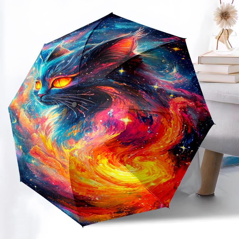 

1pc Automatic Open/Close Umbrella with Cosmic Cat Galaxy Design - Automatic Folding Mechanism, 8-Rib Windproof &, Compact Trav Iron&8K