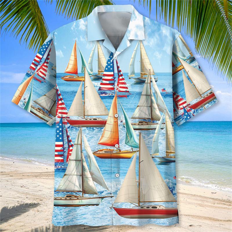 Pánská letní košile s 3D potiskem plachetnice, ležérní vintage streetwear top s krátkým rukávem