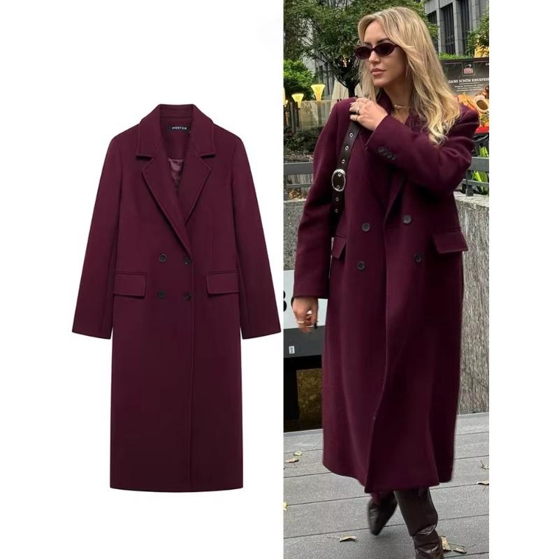 Women Fashion Burgundy Coat Double Breasted Long Sleeve Lapel Blends Jacket High Street Outerwear