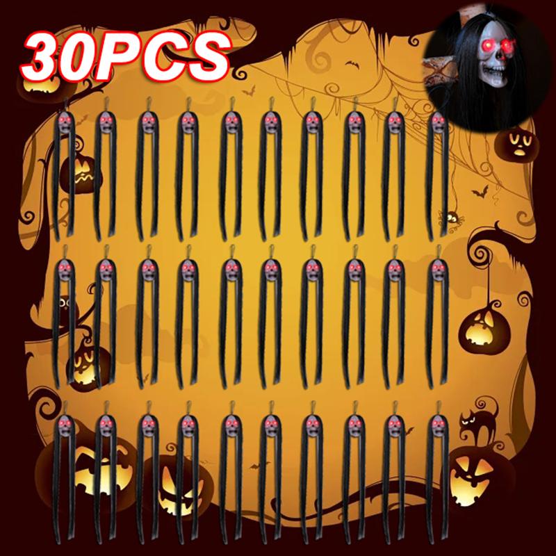 30PCS New Halloween Hanging Long Hair Ghost Skeleton LED Light-emitting Horror Skeleton Ghost Bar Haunted House Decoration Props
