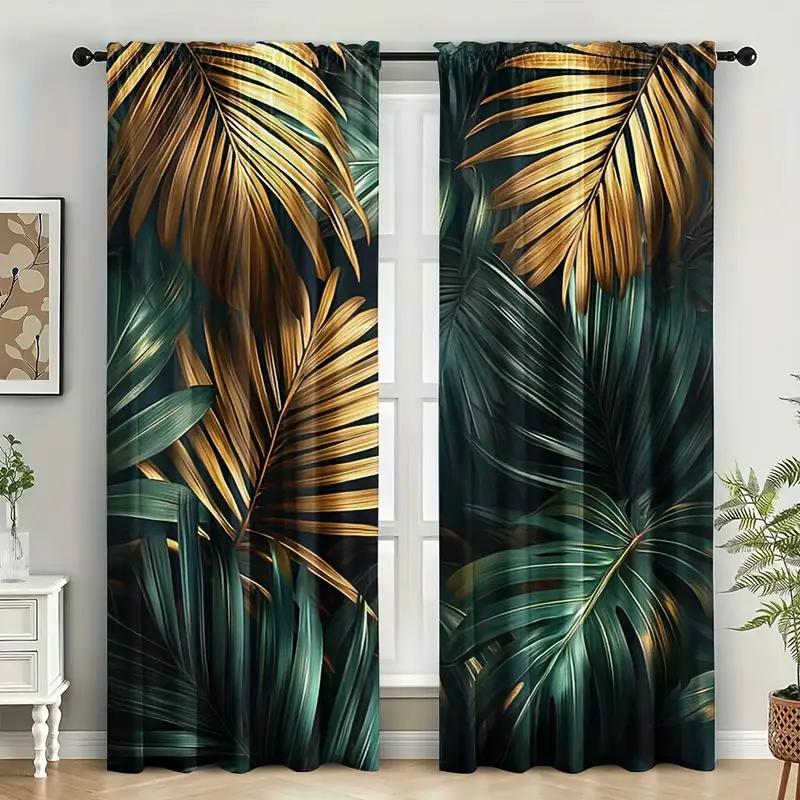 2pcs Luxurious Gold Tropical Leaf Printed Curtains, Designed for Light Filtering, Quality Material, Ideal for Modern Home Window