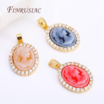 3 Colors Inlaid Zircon Oval Cameo Pendants For Necklace Making,18K Real Gold Plated Connector Charm For DIY Bracelet Material