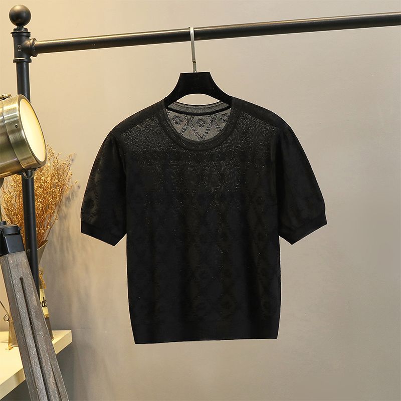 

Short Sleeve Slim Looking All-Matching Sweater round Neck Ice Silk T-shirt Black(EH-8399) S
