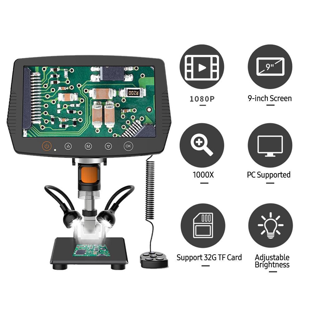 9-inch LCD Screen Video Microscope Support 32GB TF Card 1000X Microscope and Telescope 1080P with