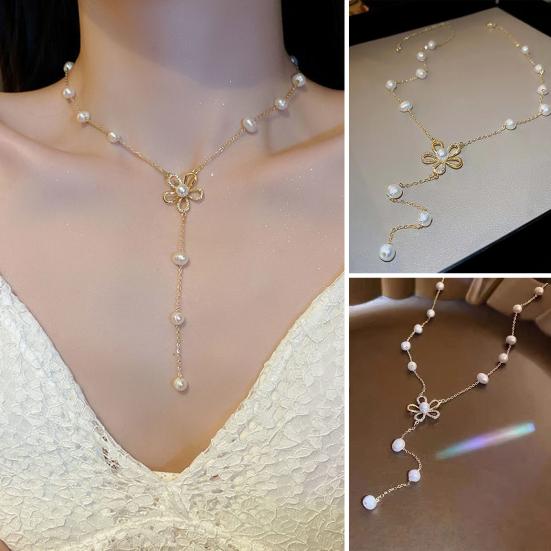 Women Necklace Extension Chain Flower Shape Hollow Out Faux Pearl Adjustable Neck Decoration Birthday Gift Prom Pendant Necklace Women Jewelry