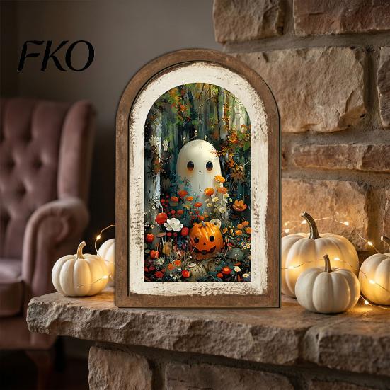 Autumn Fireplace Accent Halloween Ghost Wall Decor, Cute Table Sign, Vintage Arch Framed Shaped Wooden Decor Picture, Decorative Art for Mantel Living