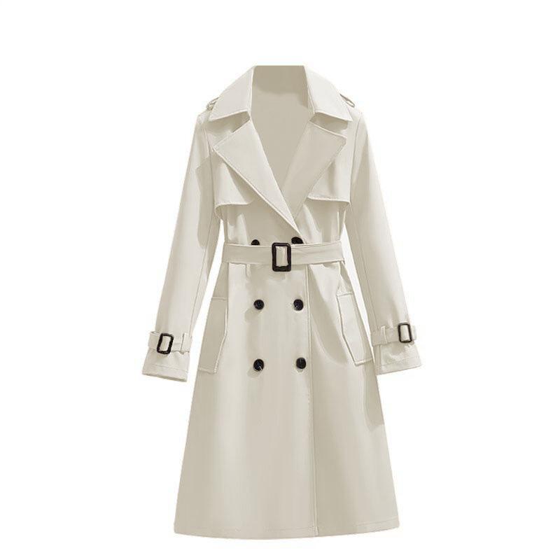 Women's Double Breasted Long Trench Coat with Tie Belt and Cuff Straps
