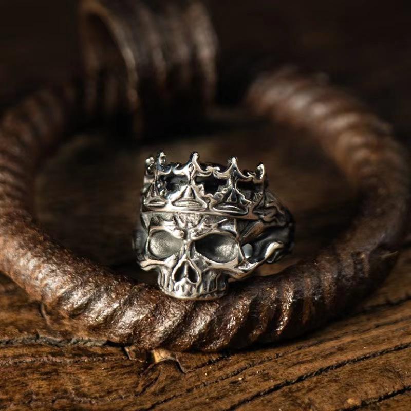 Retro Crown Skull Ring For Men Silver Color Punk Gothic Rock Hiphop Open Ring Handmade Designer Jewelry Biker Accessories Gift