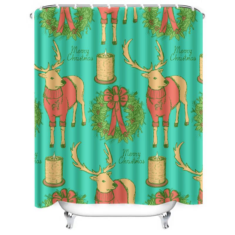 TU Christmas Shower Curtain Festive Holiday Forest Trees Reindeer Pattern Waterproof Fabric Decor Bathroom Set