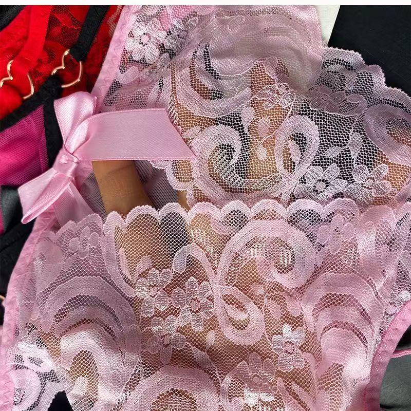 Sexy Women Thong Pants Temptation To Open Gear Hollow Out Briefs Perspective Lace Bow Underwear Low Waist Shorts Erotic Lingerie