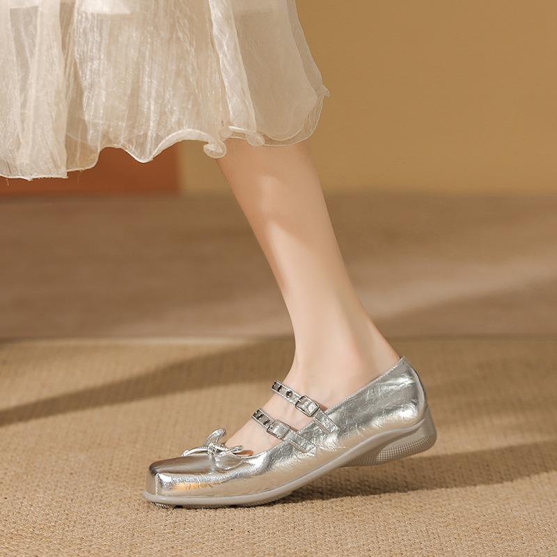 Silver fishing light ballet shoes fairy fairy style bow square head flat Mary Jane shoes with skirt single shoes